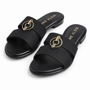 Anne Klein Black Slide Sandals Gold Hardware Slip Ons